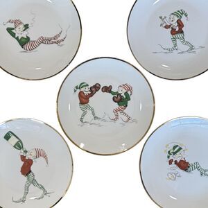 Restoration Hardware Naughty Elf Set 5 Appetizer Salad Plates Vintage Christmas